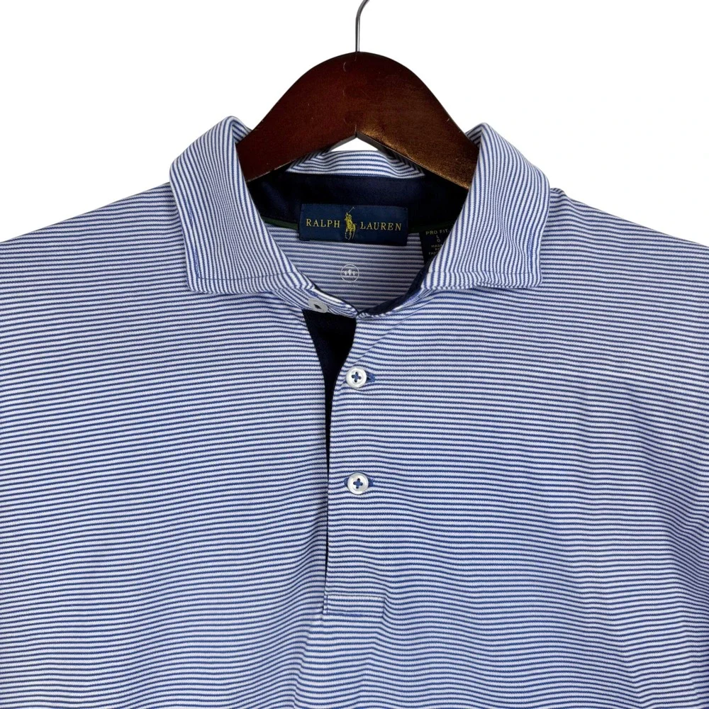 Ralph Lauren Polo Shirt Mens Large Blue White‎ Excellent Pro Fit Micro Stripe